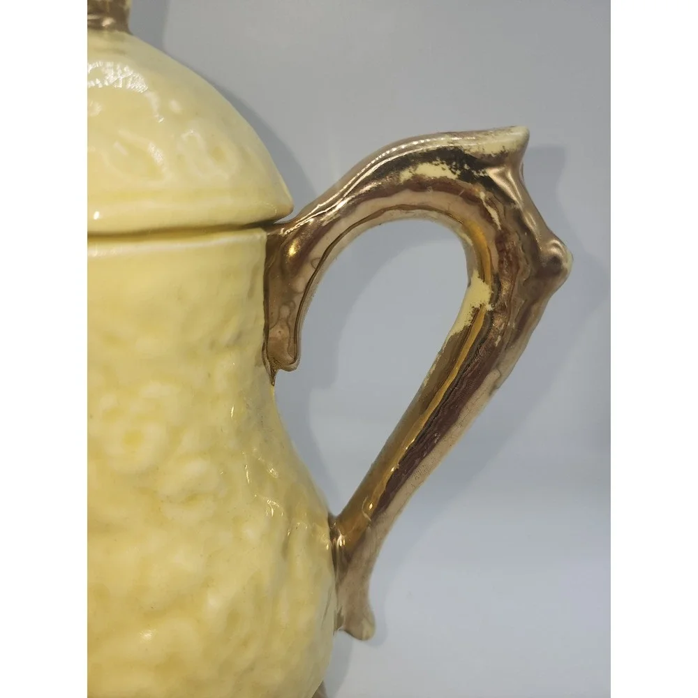 Vintage Yellow Ceramic Tea Set Embossed Floral Gold Trim Teapot Sugar Creamer